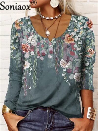 Women's Elegant Geometric Flower Print U Neck Button Long Sleeves T-shirts