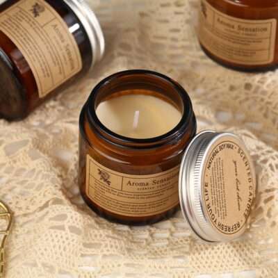 Natural Soy Wax Aromatherapy Candle In Amber Decorative Glass Jar