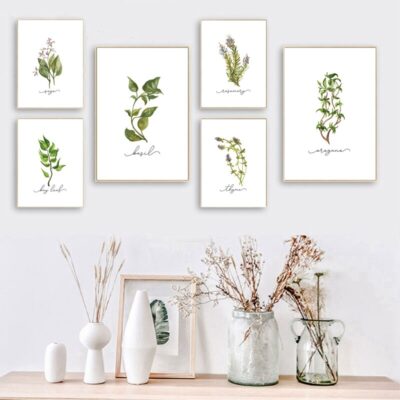 Set of Six Paintings Featuring Natural Herbs (Oregano, Sage, Rosemary, Basil, Thyme)