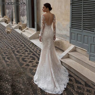 Lace Long Sleeve Button Back Tulle Gorgeous Mermaid Bridal Gown